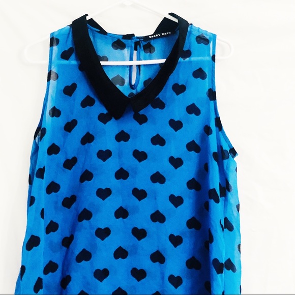 Sweet Rain Blue & Black Heart Sheer Blouse Large - Picture 2 of 7